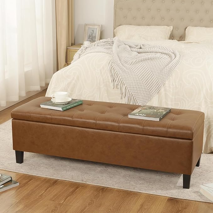 DECO DE VILLE Ottoman with Storage, 51 Inch Large Ottomans Storage Bench,Faux Leather Upholstered End of Bed Bench with Hinged Lid, Long Foot Rest Stool for Living Room Bedroom, Vintage Golden Brown