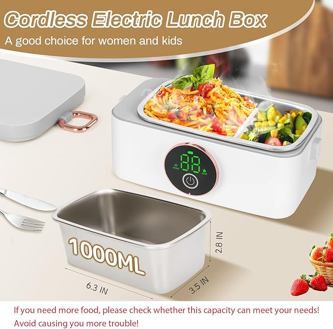 Iridesc Self Heating Lunch Box, 1L Battery Powered Lunch Box with Automatic Heating, 16000mAH Rechargeable Battery Provid Rapid Heating, Designed for Car, Office, Travel, Picnic & outdoor
