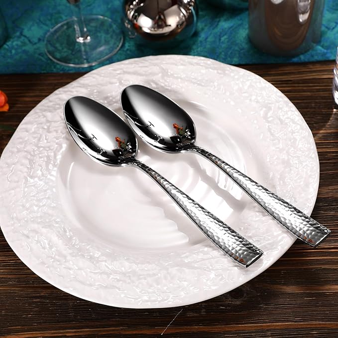 KEAWELL Premium Louis Hammered Serving Utensils, 18/10 Stainless Steel, Squared Edge Design, Mirror Finish, Dishwasher Safe (Serving Spoons, Set of 4)