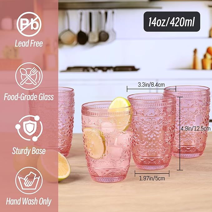 abrwyy Pink Glassware set of 6, Pink Drinking Glasses, Vintage Drinking Glasses, 14oz Colored Old Fashioned Glass Cups, Highball Glasses Set for Home Party Wedding