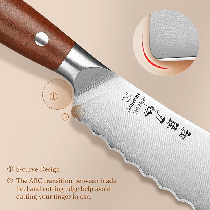 HEZHEN 6.1 inch Tomato Slicing Knife ??Germany 1.4116 Stainless Steel Serrated Blade,with Full Tang Handle