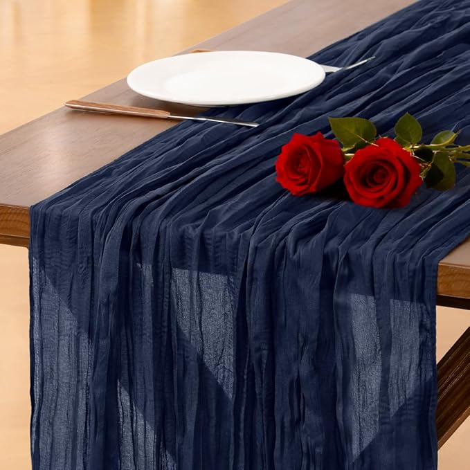 Socomi Navy Blue Valentine's Day Cheesecloth Table Runner Boho Rustic Gauze 120 inch 10FT Cheese Cloth Runner for Wedding Party Baby Shower Birthday Home Decor Holiday Decorations