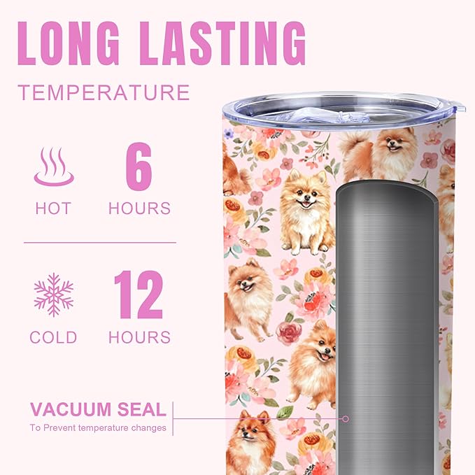 Yogusut Pomeranian Gifts for Women, 20oz Stainless Steel Insulated Tumbler Travel Mug Cup with Lid Straw Brush, Gifts for Dog Mom Dog Lover