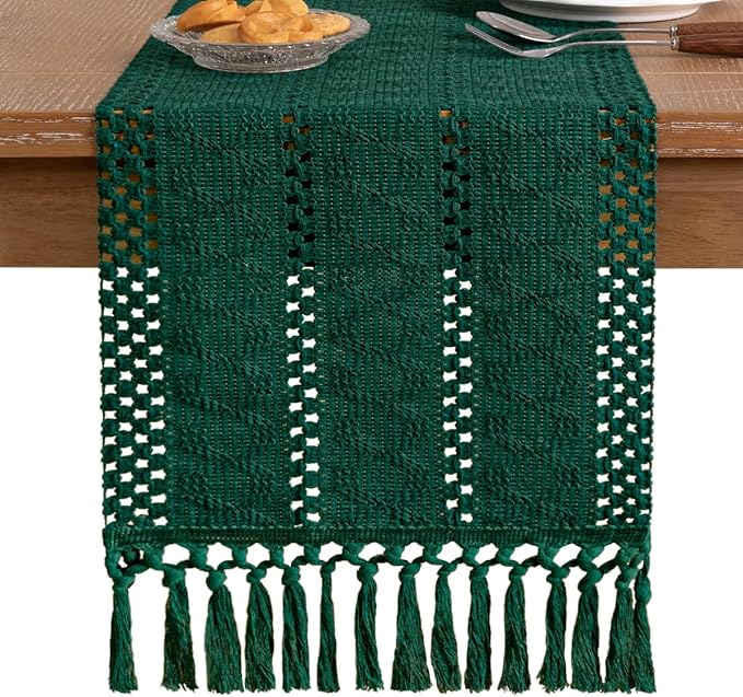 Socomi Boho Table Runner Valentine's Day Farmhouse Rustic Dining Kitchen Centerpiece Decor Small Macrame Woven Cotton Linen Coffee Table Runner for Dresser Scarf Home Decor 12x48 inch Emerald Green