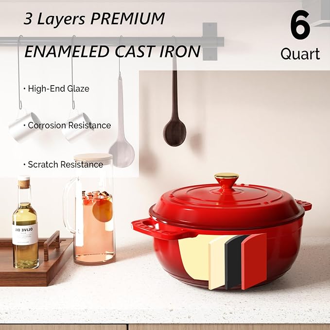 VINGLI 6QT Enameled Cast Iron Round Dutch Oven Pot with Lid, NonStick Casserole Pot with Dual Handles & Silicone GlovesRed, Oven Safe up to 500째F or on Stovetop, Dutch Oven for Bread Baking, Red