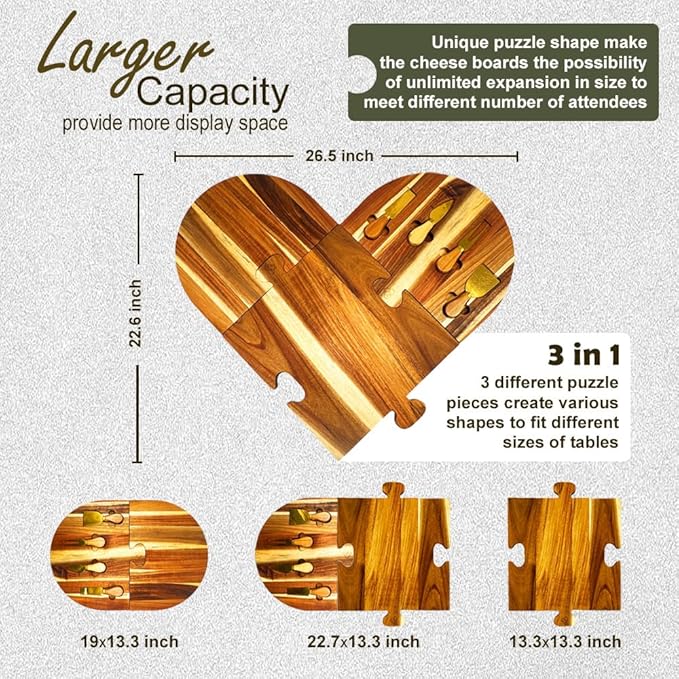 Large Charcuterie Board Set - 3 Pieces with Knife Set, Premium Acacia Wood Cheese Boards, Heart Shaped Serving Tray with Gift Box, Christmas, House Warming Gifts New Home, Wedding & Bridal Shower Gift