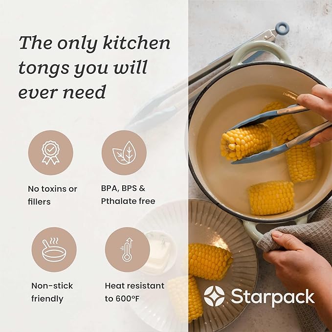 Starpack 'Get a Grip' Silicone Kitchen Tongs for Cooking (2Pcs) - BBQ Tongs for Grill Heat Resistant to 600째F - Stainless Steel Kitchen Utensils w/Non Stick Silicone Tips - 9",12" for Serving Food