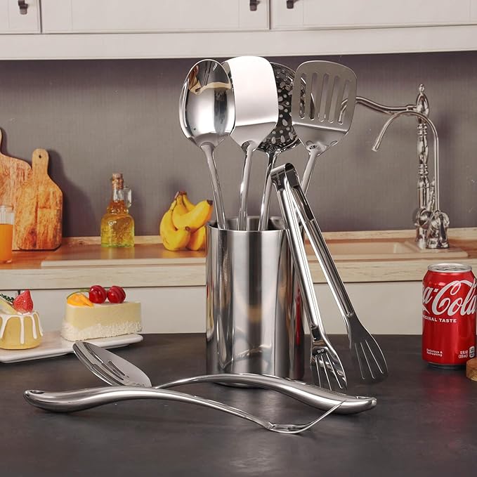 18/10 Stainless Steel Kitchen Utensils Set with Holder - 15??Spatula Spoon Set with Storage Organizer for Countertop, Fork, Tongs, Spatula, Ladle, Skimmer, Turner, Spaghetti, Large Spoon Set of 12