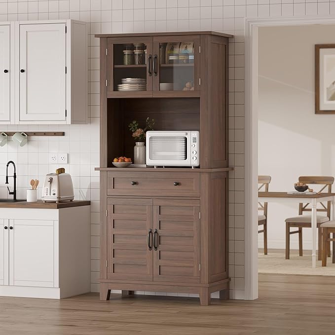 Elegant Brown Modern Wood Pantry Coffee Cabinet with Ample Storage, Spacious 72" Tall Kitchen Bar Cabinet Hutch Featuring 4 Stylish Glass Doors & 1 Smooth Drawer, Versatile Stand-Alone Food Pantry