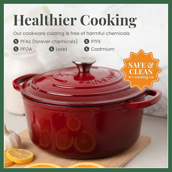 Larder & Vine Enameled Cast Iron Dutch Oven Pot with Lid | Bread Baking | Compatible on All Cooktops & Oven Safe to 500째 F | Great for Sourdough Bread | Cabernet
