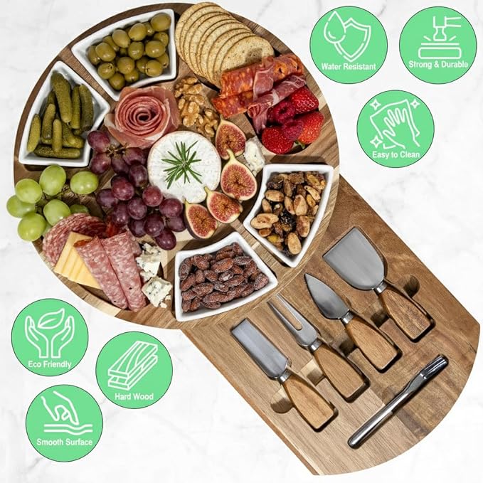 Acacia Cheese Board & Knife Set ??Charcuterie Board with Ceramic Bowls, Slide-Out Drawer & Serving Utensils, Perfect for Entertaining ??Ideal Gift for Weddings, Housewarming & Holidays