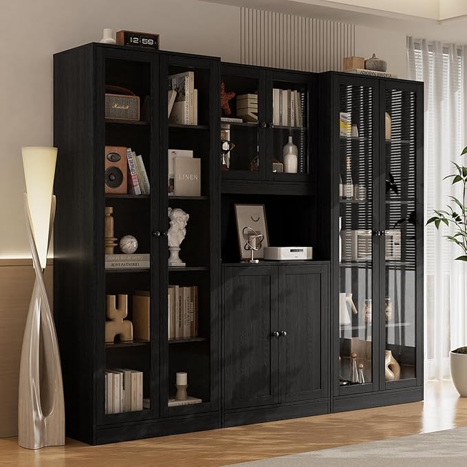 VOWNER 3PCS Bookshelf and Bookcase, 5-Tier Modern Bookshelves with 3 Large Drawer, Glass Display Cabinet with Lager Storage Shelf, Combination Storage Shelves for Home Office (Black)