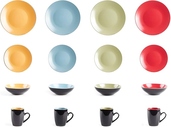 Stoneware Two-Tone Colors Life 16pc Dinnerware Set竊똎utside Shinny Black + Inside Matte Finished Very Funny - 4 Assorted Colors Turquoise, Olive, Curry and Red