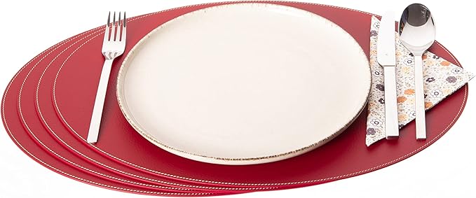 Nikalaz Oval Placemats Set (Pack of 4) Recycled Leather Table Mats 18 x 13 inches (45.7 x 33 centimetres), Kitchen Dining Table Decor by Nikalaz (Red)