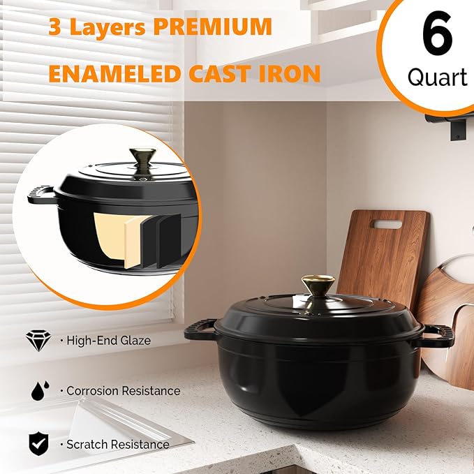Bonnlo 6QT Round Dutch Oven, Enameled Cast Iron Dutch Oven Pot with Lid & Dual Handles, Oven Safe Up to 500째 F, for Sourdough, Bread Baking, Stews and Roasting (Black)