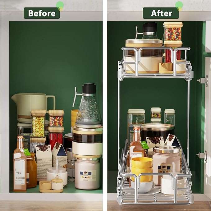LOVMOR 2 Tier 5쩍" W x 21쩍" D, Individual Pull Organizer Kitchen Cabinet Storage Sliding Shelves