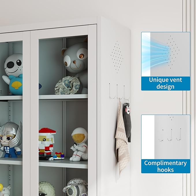Display Cabinet with Glass Doors 71" Tall Metal Kitchen Storage Pantry with Adjustable Shelves, Curio Storage Cabinet for Kitchen, Dining Room, Garage, Assembly Required