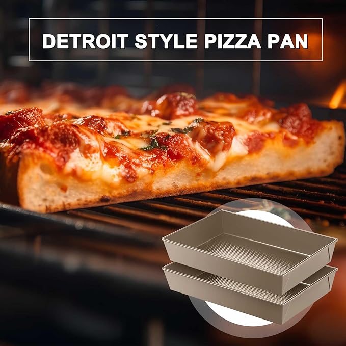RimCereal 3 Pcs 10 x 14 x 2.36 in Detroit Style Pizza Pan Hard Rectangular Deep Pizza Pans Non Stick Sicilian Style Pan Dish Pre Seasoned Bakeware Kitchenware(Gold)