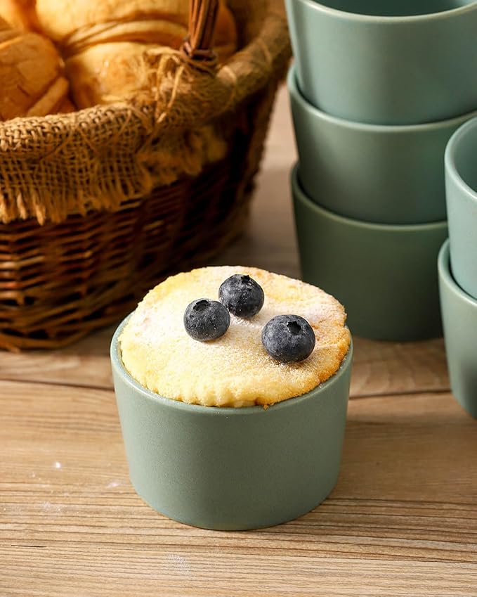Tikooere Ramekins 6 oz, Oven Safe Souffl챕 Dishes for Creme Brulee, Souffle, Pot Pie, Stoneware Baking Dishes for Kitchen, Farmhouse Ceramic Ramikens Set of 6, Cute Christmas Gift, Matte Turquoise