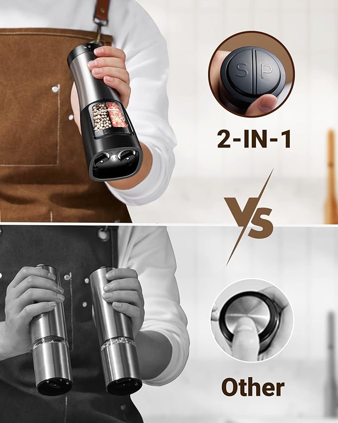 Sangcon Electric Salt and Pepper Grinder Set Shaker 2 IN 1 - Automatic Salt and Pepper Grinder Mill, Battery Powered One-Handed Operation Refillable with Light Dual Ceramic Mill
