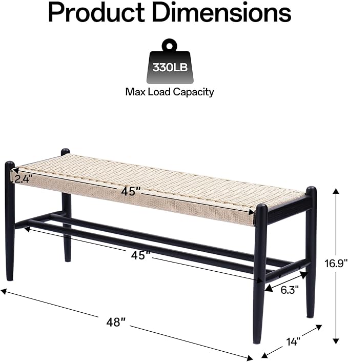XINNAN Solid Wood Entryway Bench with Shoe Storage, Rustic Oak Wood and Woven Design 45 Inch Long Seating for Living and Dining Rooms,Black