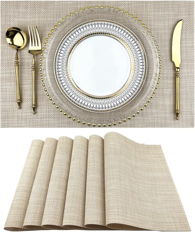WAZAIGUR Placemats,Easy to Clean Crisscross Woven Vinyl Place Mats Durable Non-Slip Heat Resistant Table Mats,Placemats for Kitchen Table (Beige, 6)