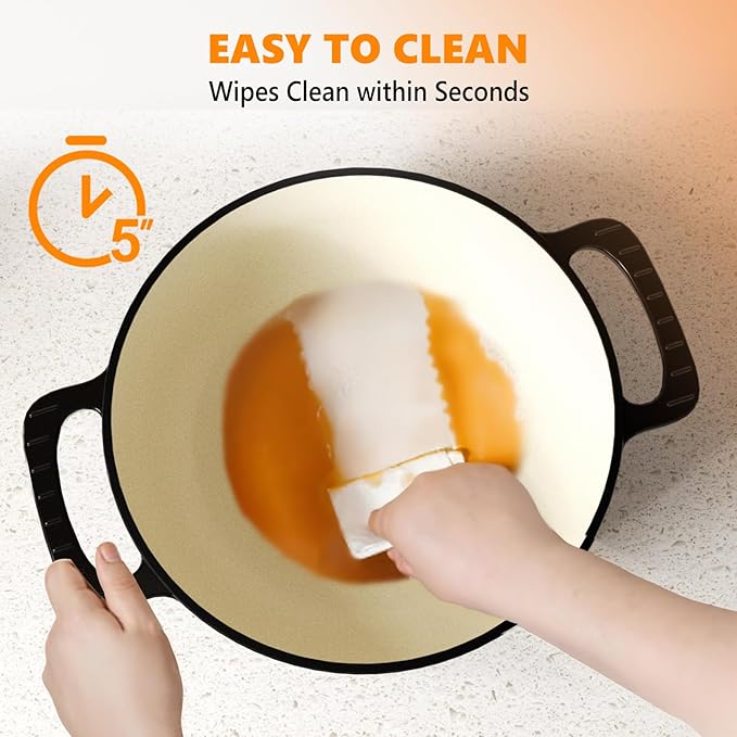 ROVSUN Enameled Cast Iron Round Dutch Oven, 6QT Pot with Lid &Dual Handles with Silicone Gloves,Oven Safe up to 500째F, Heavy-Duty Pre-Seasoned Cookware for Bread Baking, Braising, Stews, Roasting, Black