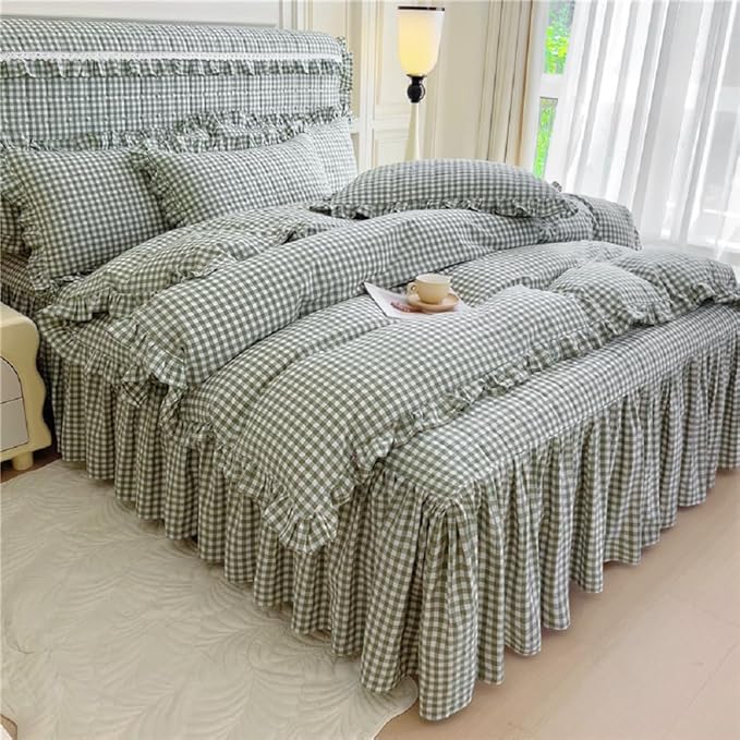 LifeTB Twin XL Comforter Set Green Gingham Comforter for Men Boys Ruffle Plaid Comforter Set Checkered Grid Bed Comforter with 2 Pillowcases Fluffy Soft Vintage Plaid Gingham Bedding Set Twin XL