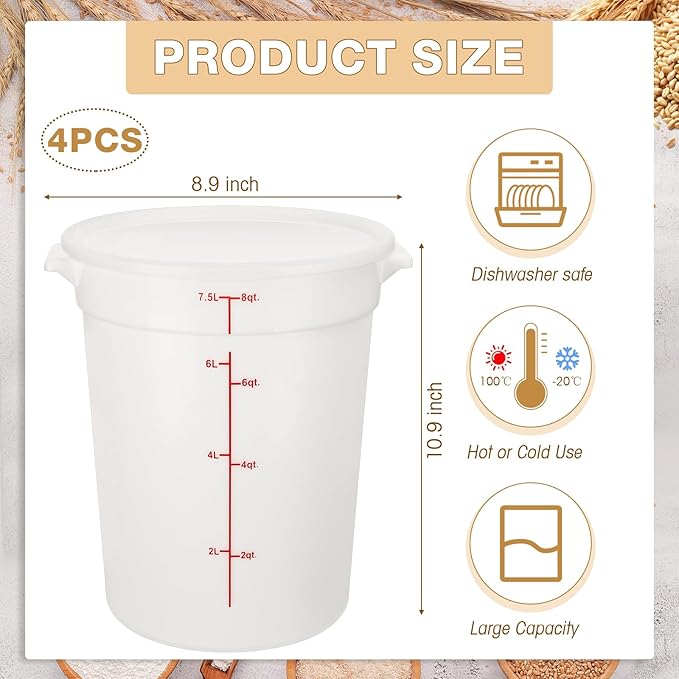 Hushee 4 Pcs Commercial Food Storage Containers Round PP Food Storage Containers with Lids for Pantry Translucent Plastic Tubs with Lids for Storage Food Safe Bucket with Scales and Handles (8 Quart)