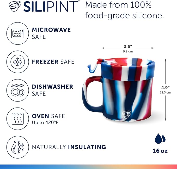 Silipint 16oz Silicone Coffee Mug Tumbler with Flip Lid ??Unbreakable Dishwasher Safe Microwave Oven & Freezer Compatible ??Non-Toxic Reusable Cup for Hot Coffee Tea or Cold Drinks (The Patriot)