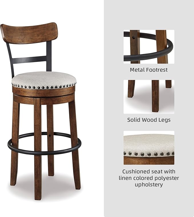 Signature Design by Ashley Valebeck | 30??Farmhouse Pub-Height Swivel Barstool With Back ??Upholstered Cushion, Nailhead Trim, Metal & Wood Frame, Brown