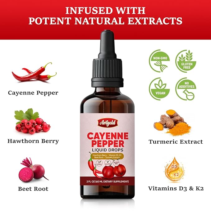 Arigold Cayenne Pepper Drops ??Circulation & Energy Support Liquid Supplement with Hawthorn Berry, Beet Root, Turmeric, Vitamins D3 + K2, Ceylon Cinnamon, Berberine & Ginseng ??Vegan, Non-GMO, 2 fl oz