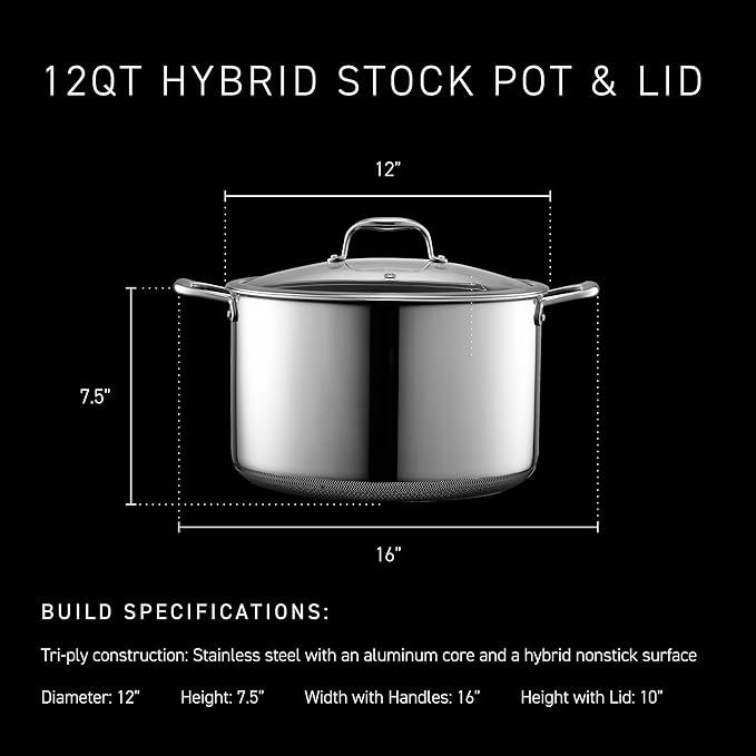 HexClad Hybrid Nonstick 12-Quart Stockpot with Tempered Glass Lid, Stay-Cool Handles, Dishwasher-Friendly, Oven-Safe Up to 900째F, Induction Ready, Compatible with All Cooktops