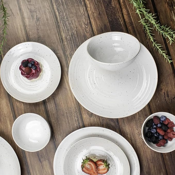 Sango Siterra 16-Piece Rustic White Stoneware Dinnerware Set ??Service for 4, White with Glossy Speckle Overlay, for Everyday Dining & Entertainment, Microwave & Dishwasher Safe