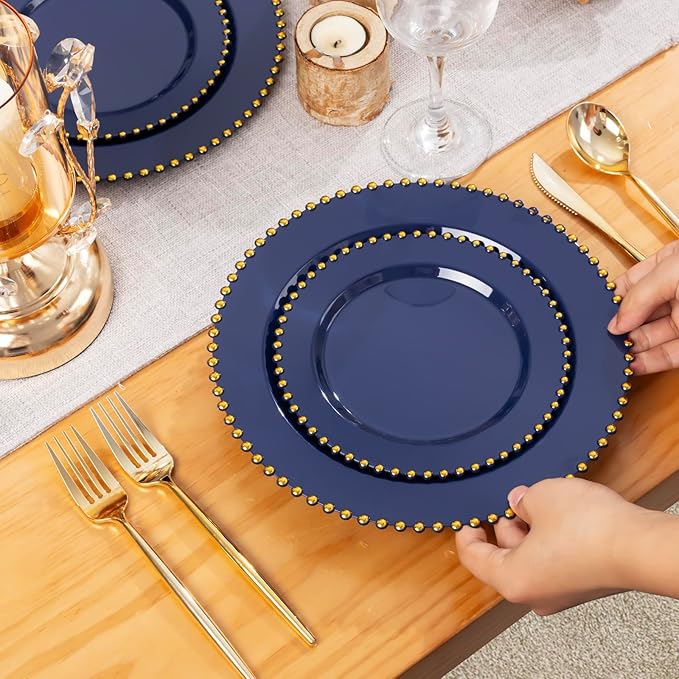 EI 60pcs Dark Blue Plastic Plates with Gold Rim Disposable,Blue Plastic Plates Disposable for Party,Heavy Duty Dinner/Dessert Fancy Elegant Plate for Wedding,Birthday,Afternoon Tea