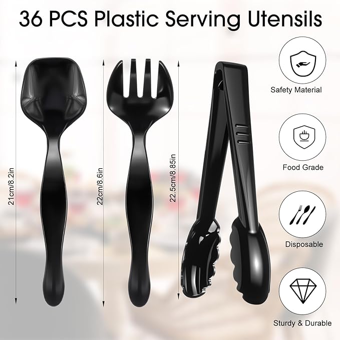 Patelai 36 Pcs Disposable Plastic Serving Utensils Set Including Black Disposable Serving Spoons Forks and Tongs Plastic Buffet Ware Supplies for Party Catering Restaurant Picnic Dinner
