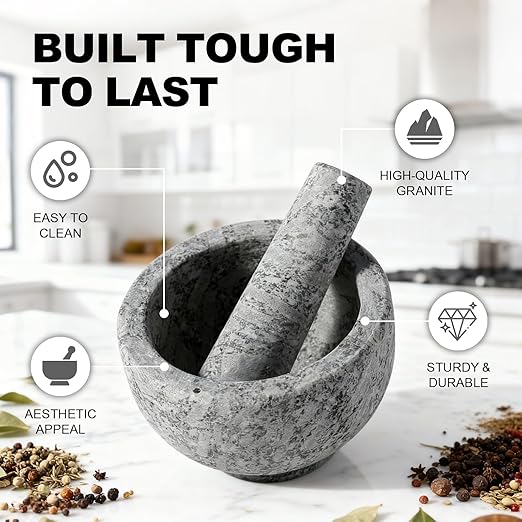 Koville 5 Inch 1.5 Cup-Capacity Mortar and Pestle Set - Heavy Natural Granite Spice Grinder Bowl, Unpolished Heavy Granite for Organic Appearance, Solid Stone Grinder Marble Spice Herb Grinder
