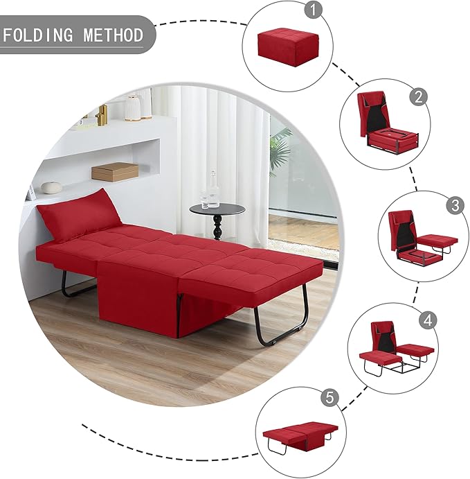 BIGSYY Sofa Bed, 4 in 1 Multi-Function Folding Ottoman Breathable Linen Couch Bed with Adjustable Backrest Modern Convertible Chair for Living Room Apartment Office, Red