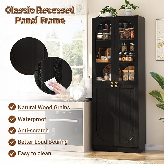 Cyclysio 80" Kitchen Pantry Cabinet, Tall Arch Storage Cabinet with Glass Doors, Freestanding Wood Floor Cupboard Bookcase with Seamless Fit Wall for Dining Room, Living Room, Bathroom (Black)