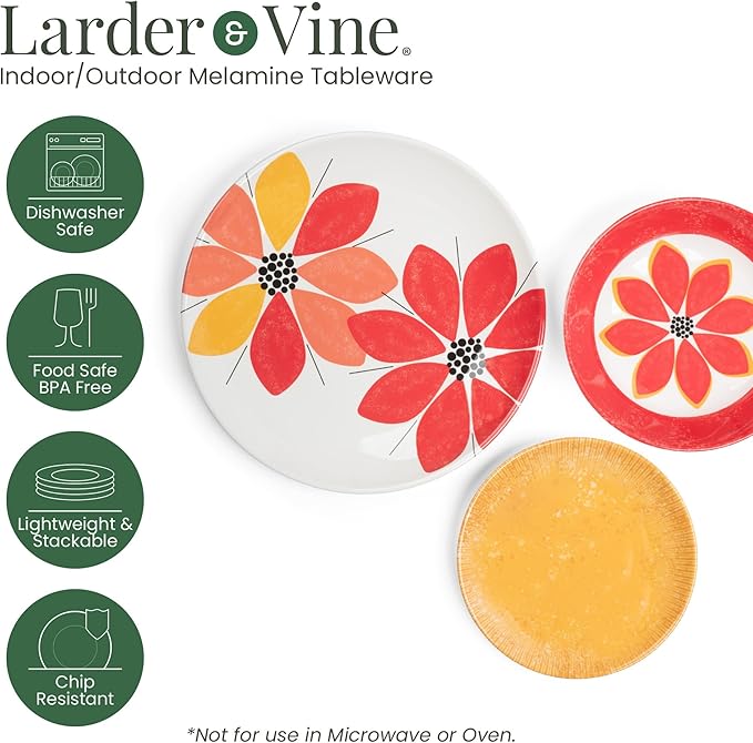 Larder & Vine 12-Piece Melamine Dinnerware Set: Durable, Lightweight, Break-Resistant Plates & Bowls ??Stylish, Non-Toxic, Dishwasher Safe ??Ideal for Everyday Use, Indoor & Outdoor Dining ??Floral