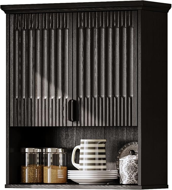 FLOWBACK BlackBathroom Wall Cabinet Over The Toilet Storage, 23.5횞31.4 Inch Wall Mounted Medicine Cabinet for Bathroom with Adjustable Shelf and Door, Wood Cabinet for Laundry Room, Bedroom Kitchen