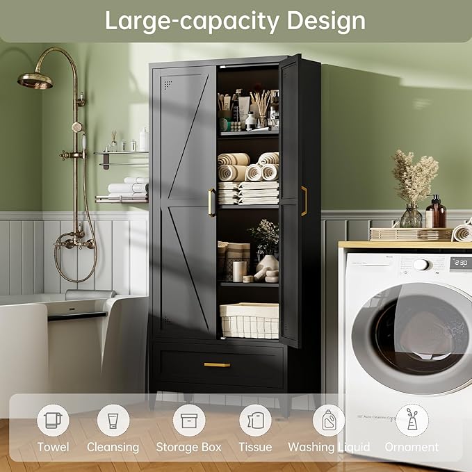 71" Black Kitchen Pantry Cabinet,4-Tier Tall Metal Storage Cabinet with Drawer,Freestanding Display Steel Cupboard for Dining Room,Living Room,Hallway,Bathroom
