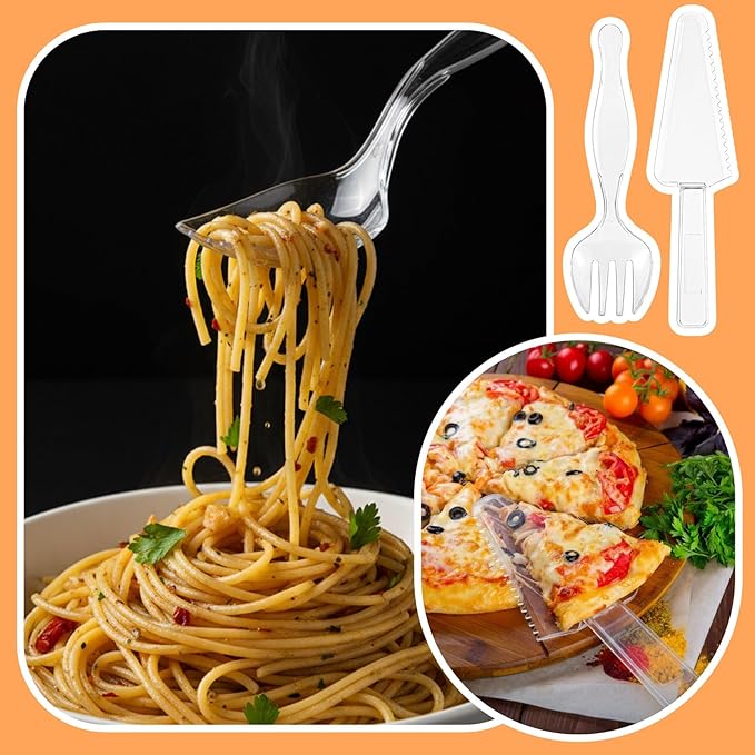 50 Pcs Disposable Plastic Serving Utensils Set Include 8.5'' Serving Spoons Forks 9'' Tongs and Knives for Birthday Party Buffet Dinner Food Salad Utensils Christmas (Clear)