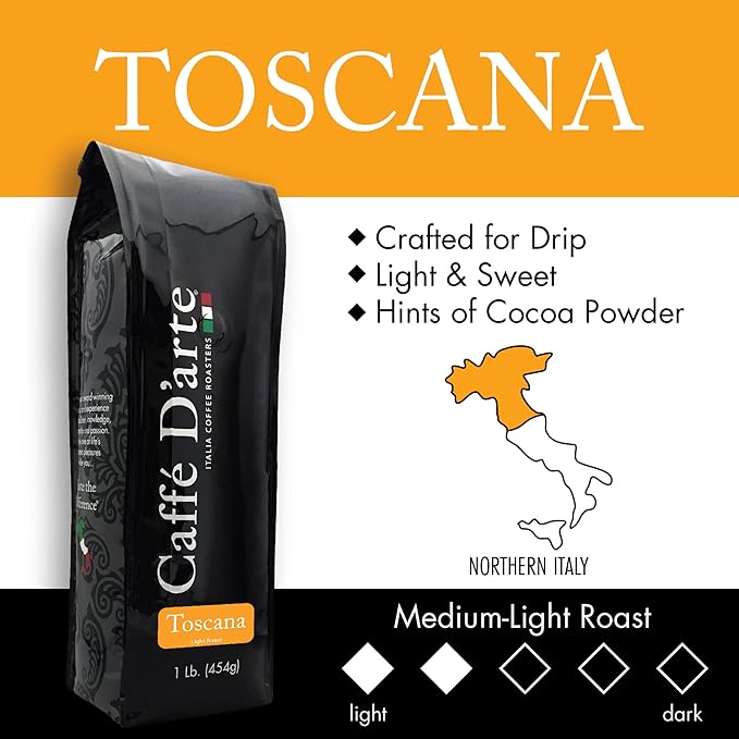 Caff챕 D'arte Toscana Ground Coffee ??Medium Light Roast, Light & Sweet Flavor with Cocoa Notes ??Fresh Roasted in Seattle, Crafted for Drip Coffee Makers ??1 lb Bag, Pack of 2