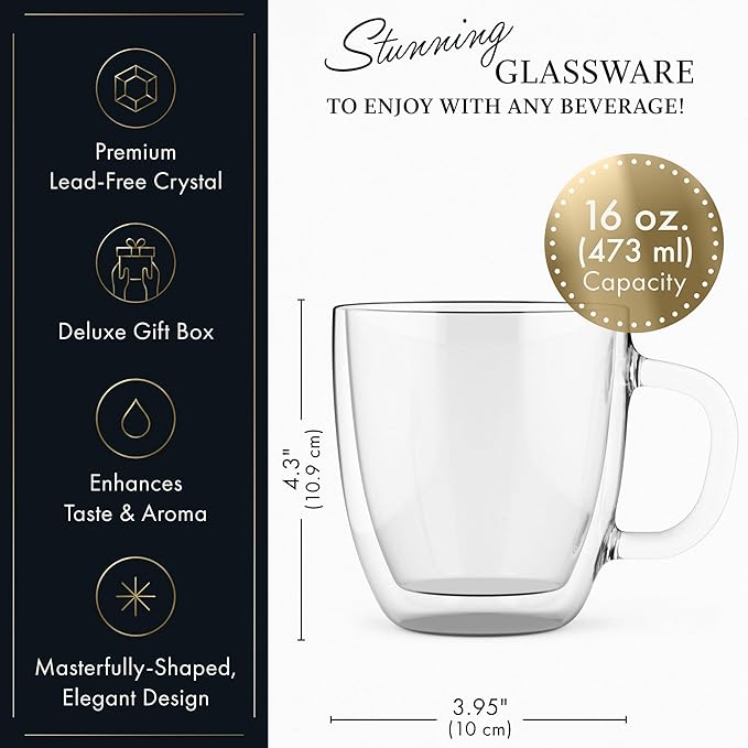 Elixir 16 oz Large Double Wall Coffee Mug Set of 2 - Double Wall Glass Coffee Cup - Large Coffee Mug - Insulated Glass Coffee Mugs with Handle for Hot Drinks Tea