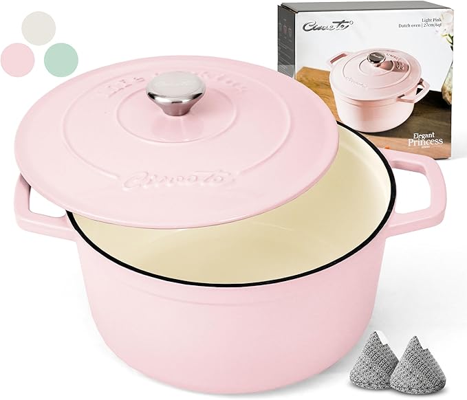 6 QT Dutch Oven Pot with Lid, Enameled Cast Iron Dutch Oven for Bread Making, Braiser, Cooking, Dual Handles, Oven Safe up to 500째 F or on Stovetop, Gifts for Family - Pink