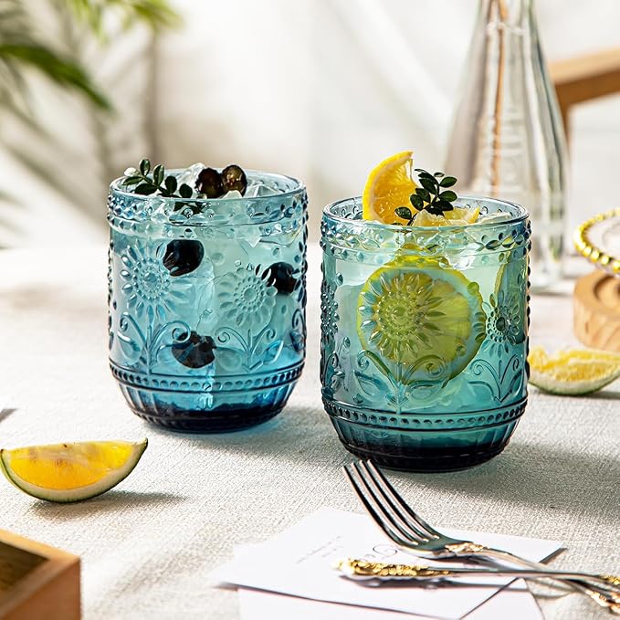 Luminthra Elegant Vintage Crystal Glassware Set, Embossed Floral Drinkware, 12oz Green and Multi-Color Glass Cups for Wine, Cocktails, and Beverages (Blue)
