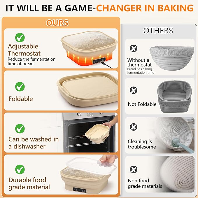Upgrade Heating Sourdough Bread Proofing Basket Set, Electric Thermostatic Silicone banneton bread proofing basket,Sourdough bread baking supplies,11 Inch Square Foldable Sourdough Proofing Bowl