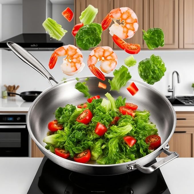 DELARLO Stainless Steel Pan, 14.2 Inch Frying Pan, Tri-Ply Skillet with Lid, Oven Safe Up to 600?? Stainless Steel Cookware, Fast Even Heat, Large Cooking Surface,Non Toxic Large Skillet