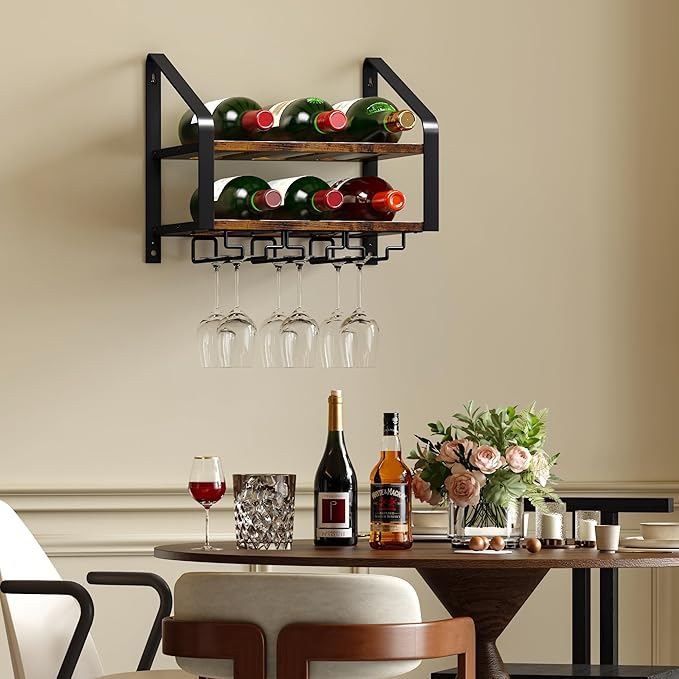 Wall Mounted Wine Rack for 6 Wine Bottles and 6 Glass Holder, 2-Tier Wall Wine Rack, Wood Wine Racks for Wall, Wood-Metal Wine Bottle Holder for Home Bar, Wine Kitchen Storage (Brown Black)